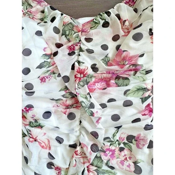 BCX Women Juniors' Mixed-Print Ruched Ruffled Bodycon Dress White multi Small - Picture 9 of 12